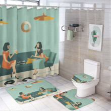 4-Pc Shower Curtain Set w/ Bath Mat, U-Shaped Floor Mat & Toilet Lid Cover – Mid-Century Boho Illustration, Waterproof – Compatible with Standard