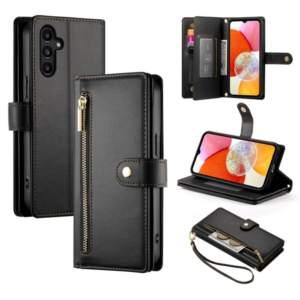 Compatible With Samsung Galaxy A14 5G/4G 6.6" Wallet Case Â Leather, Multi-Card Slots, Zipper Pocket, Lanyard & Wristlet Black 9327961782297