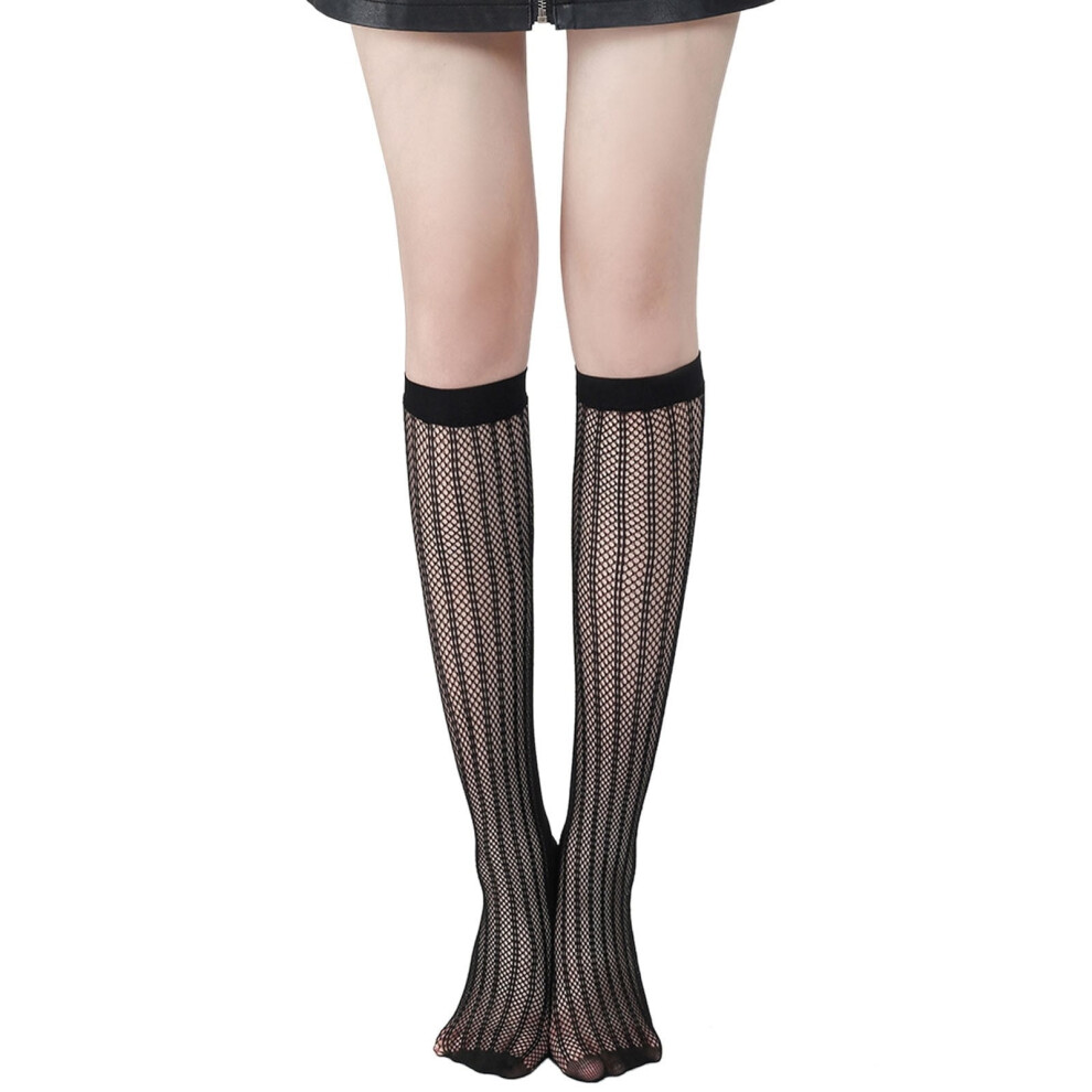 Knee High Stockings, Fishnet Stockings for Women, Sheer Stockings, Black Lace Hollow Mesh Socks, Long Socks for Women, M One Size
