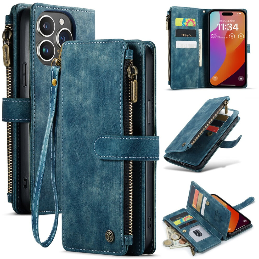 Caseme Wallet Case For Iphone 15 Pro MaxâPu Leather, Magnetic Flip, Lanyard, Zipper Card Holder, Blue 9327961782921