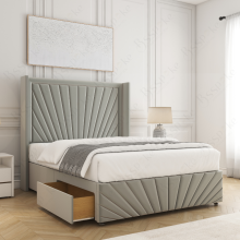 (Silver, 5ft King (with Mattress))) Nola 54” Winged Divan Double Bed Base Plush Velvet Built-in 2 Drawers
