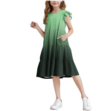 Vestido de niña con mangas con volantes, falda escalonada, corte en A, estilo midi, informal, color verde, talla 11-12 años.