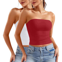Completo intimo modellante da donna 2 pezzi, top a fascia senza spalline con arricciature e reggiseno integrato, casual, rosso, taglia L