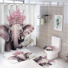 Roze Olifant Kroon Pen 4-delige Badkamermat Set met Douchegordijn – Geschikt voor Standaard Badkuipen
