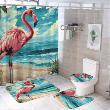 Conjunto de cortina de chuveiro com 4 peças e tapetes com estampa de flamingo rosa, tema praia tropical – Compatível com chuveiros padrão