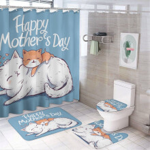 Feliz Día de la Madre. Lindo juego de cortina de ducha de gato y gatito de 4 piezas: alfombras antideslizantes, funda para tapa de inodoro, tapete