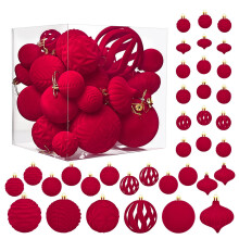 36-teiliges Set aus bruchsicheren, samtbezogenen Weihnachtskugeln in verschiedenen Größen, roter Weihnachtsbaumschmuck