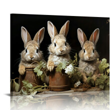 Tableau sur toile avec lapin de Pâques et fleurs, cadre en pin