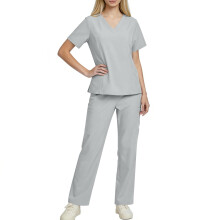 asdoklhq Plus Size Scrubs Cozy Fit Damski Krótki Rękaw Jednokolorowy Kombinezon Pielęgniarski Z Kieszeniami I Dekoltem W Serek Szary XL