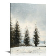 Vintage kerstboom wanddecoratie, winterbos kerstmuurschilderij, rustiek landschap, noordelijke prints, canvas, besneeuwde kerstwanddecoratie 12x16