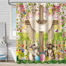 Cortina de ducha de Pascua con huevo de conejito de Pascua, impermeable, lavable a máquina, de tela, decoración de baño con ganchos, 72 x 72