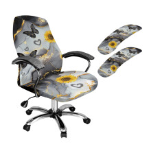 Bürostuhlbezug mit Marmormuster (Schmetterling & Sonnenblume) inklusive Armlehnenbezügen und weichem Rückenpolster für Drehstühle – Schwarz