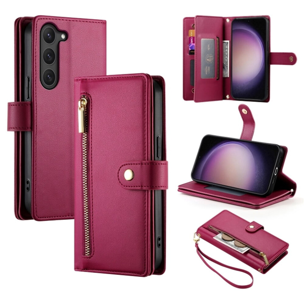 Leather Wallet Case For Samsung Galaxy S23 5G (6.1") Â Multi-Card Slots, Zipper Pocket, Lanyard Strap, Wristlet Red 9482726180968