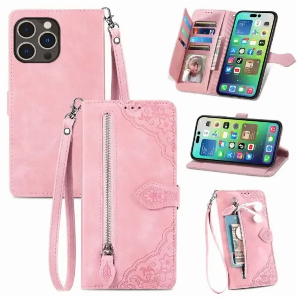 Magnetic Leather Wallet Case With Zipper, Kickstand & Wrist Strap For Iphone 14 Pro 6.1-Inch Â Pink 9482726180494
