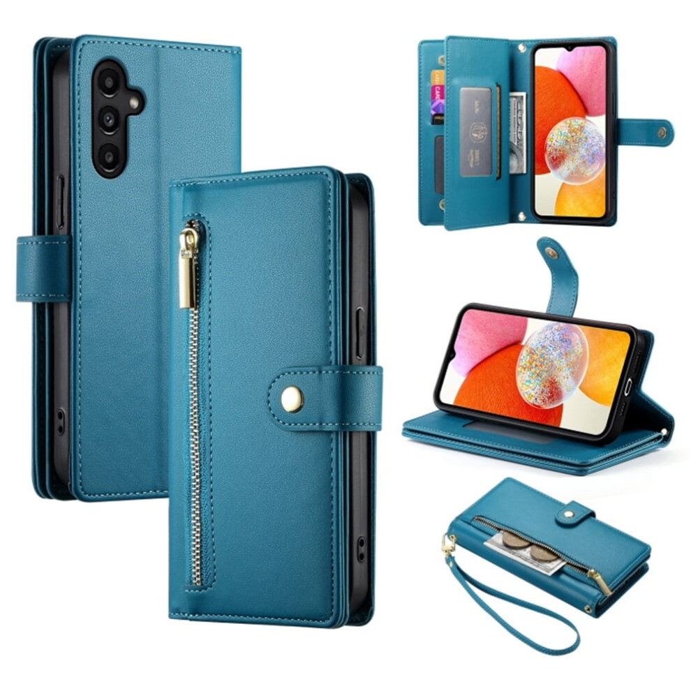 Leather Wallet Case For Samsung Galaxy A14 5G/4G (6.6"), With Multi-Card Slots, Zipper Pocket, Lanyard & Wristlet Â Compatible With A14 Blue 9482726180586