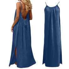 Lässiges Sommerkleid für Damen, ärmellos, rückenfrei, mit Schlitz am Saum, Spaghettiträgerkleid, locker geschnitten, blaues Kleid, Strandkleid