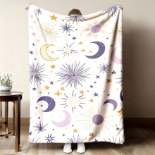 2026New Moon & Stars flanneltæppe – Lydbølge-ultralydsprint, let sengetøj til hele sæsonen til seng/sofa/camping, flerfarvede månefaser