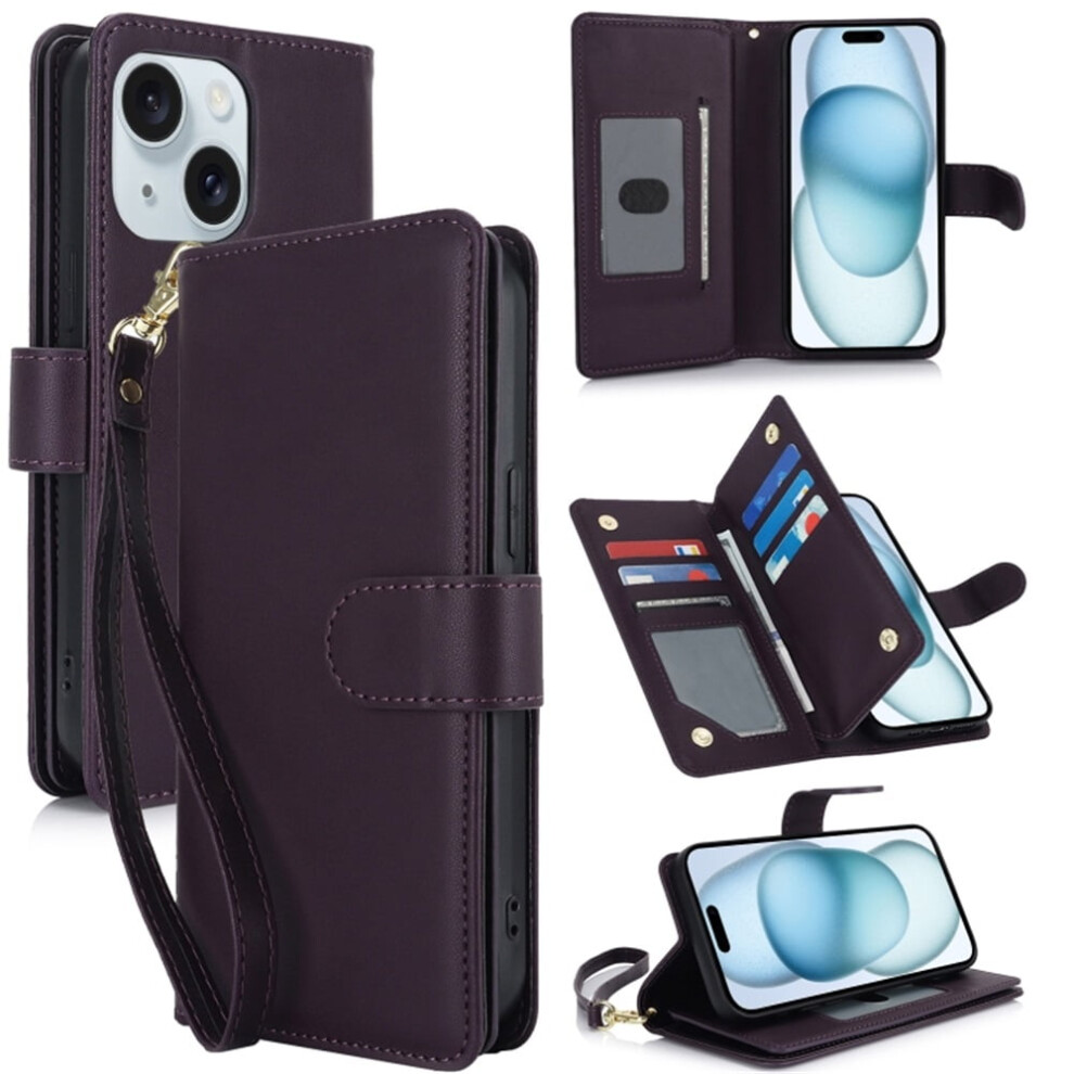 Leather Magnetic Flip Wallet Case For Iphone 15 Plus 6.7": Rfid Blocking, Kickstand, Anti-Drop Tpu, Detachable Wrist Strap, Dark Â Compatible Purple 9482726183280