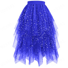 Jupe midi bouffante asymétrique en tulle à sequins imprimé étoiles, bleu royal, taille XL