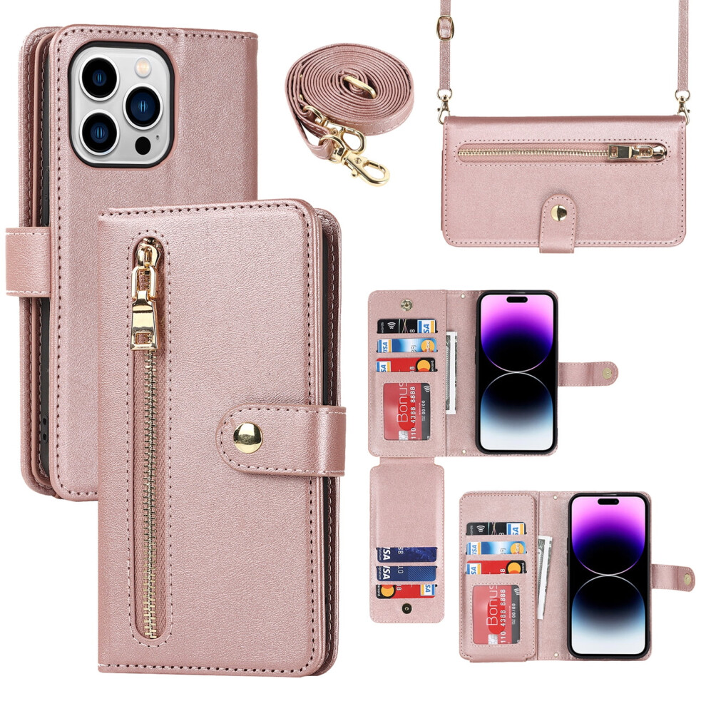 Compatible With Iphone 13 Pro Max Wallet Case Â Crossbody Zipper Phone Case With Rfid Blocking, Card Holder, Wrist Strap, Leather Purse Â Rose 9482726184027
