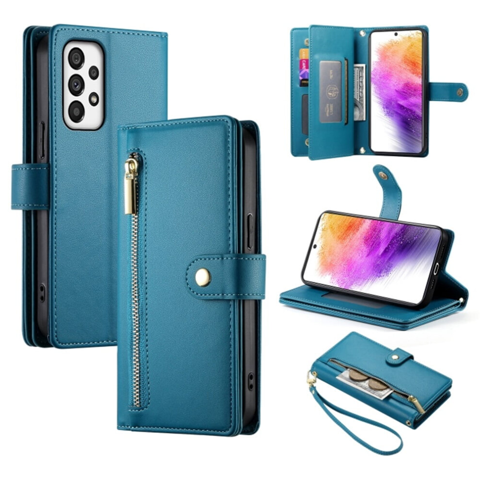 Wallet Case For Samsung Galaxy A73 5G Â Multi-Card Slots, Zipper Pocket, Lanyard Strap, Leather Blue 9482726183464