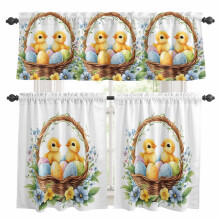 Set de perdele și garnituri de bucătărie cu model de pui de Paște – ouă de acuarelă, model floral de primăvară cu frunze, buzunar pentru