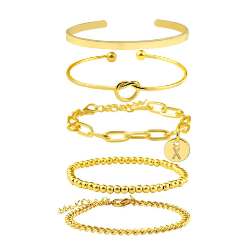 Bracelet Set Letter Coin Heart Gold Bead Stackable