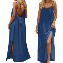 Ärmellose Sommerkleider für Damen, rückenfreie Camisole-Kleider, fließende Kleider mit Schlitz am Saum, Spaghettiträger-Kleider, blaue