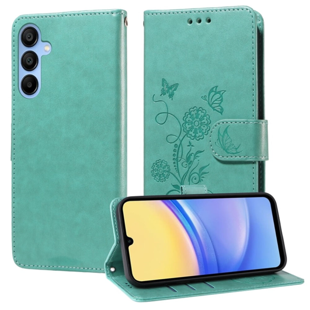 Embossed Butterfly Flower Flip Case For Samsung Galaxy A15 4G/5G Â Shockproof, Kickstand, Card & Cash Slots Green 9482726183013