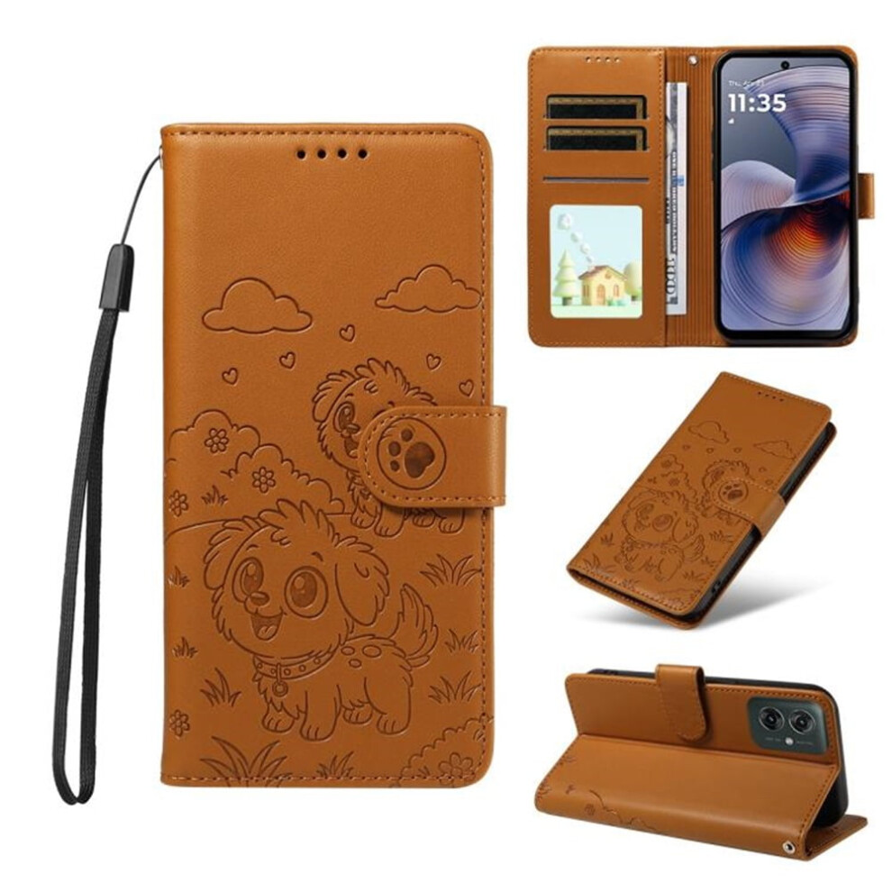 Leather Dog-Embossed Flip Case For Motorola Moto G55 5G Â Rfid Wallet, Magnetic Clasp, Lanyard & Stand Brown 9482726183273