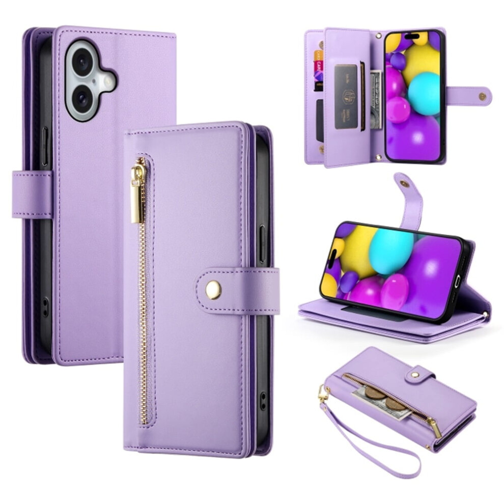 Leather Wallet Case For Iphone 16 (6.1"), Multi-Card Slots, Zipper Pocket, Lanyard Strap Â Compatible With Iphone 16 Purple 9193271140269