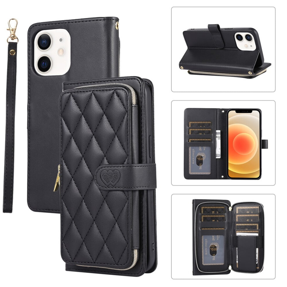 Luxury Leather Wallet Case With Strap For Iphone 11 (6.1"), 9 Card Slots, Zipper Purse, Stand Function, Black 9193271140160