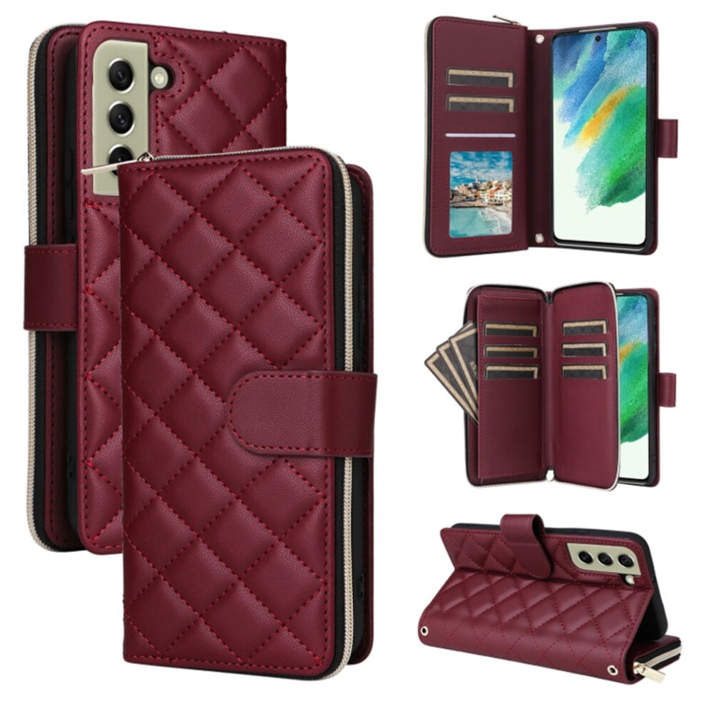 Magnetic Flip Wallet Case For Samsung Galaxy S21 Fe 5G Â Wine 9-Card Slots, Zipper Pocket, Detachable Shoulder & Wrist Straps Red 9327961786639