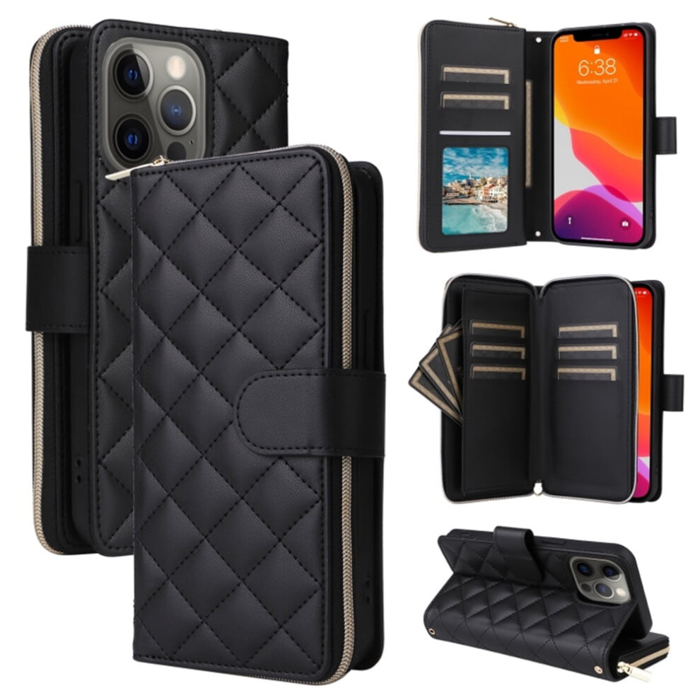 Magnetic Flip Wallet Case For Iphone 12/12 Pro: 9-Card Slots, Zipper Pocket, Detachable Shoulder & Wrist Straps, Black 9327961787353