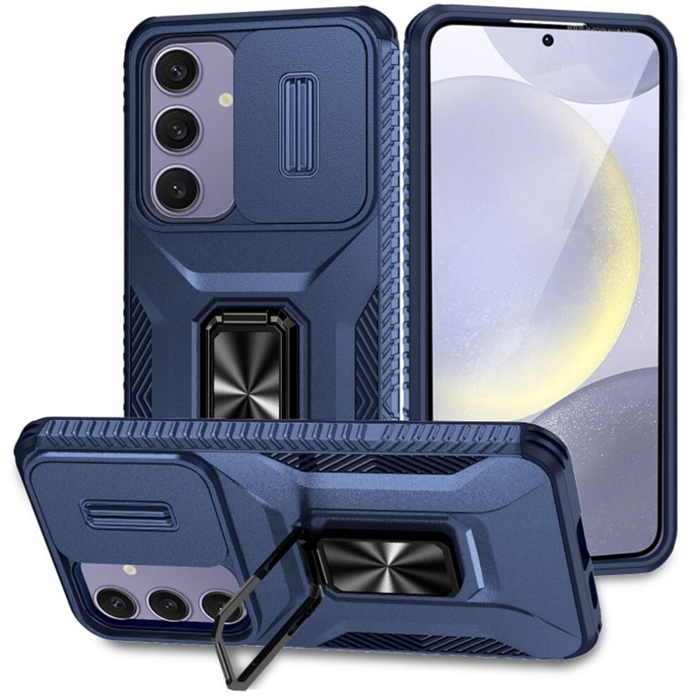 Slim Fit Shockproof Hybrid Case For Samsung Galaxy S24 Fe 5G – Military-Grade, Slide Camera Cover & Rotated Ring Kickstand, Blue 9353595700956