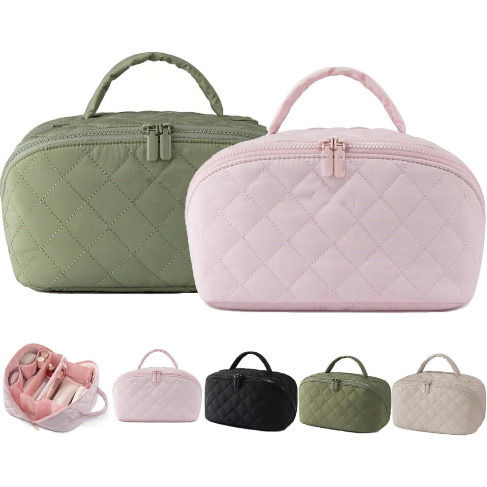 Travel Makeup Bag for Women with 180 Opening, Waterproof Flat-Lay Organizer with Multiple Compartments for Toiletries and Brushes