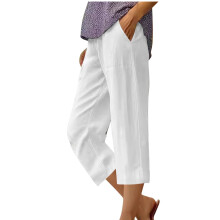 Capri broek voor dames, linnen broek, zomerse casual broek met trekkoord, elastische tailleband, wijde pijpen, cropped model met zakken.