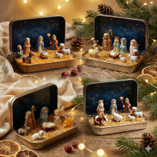 Mini Nativity Set in Tin Box, Complete Manger Scene with Figures, Animals & Starry Night Background
