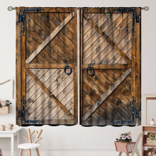 Rustic Farmhouse Barn Door Curtains, Blue Grey Wooden Plank Style, Rod Pocket, 2 Panels 42x84 Inch, Country Vintage Home Decor