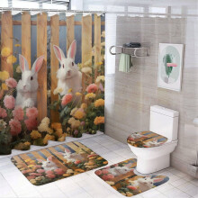 4-Pc Easter Bunny Spring Floral Shower Curtain Set (72"x72") with Non-Slip Rug & Toilet Lid Mat – Compatible with Standard Showers