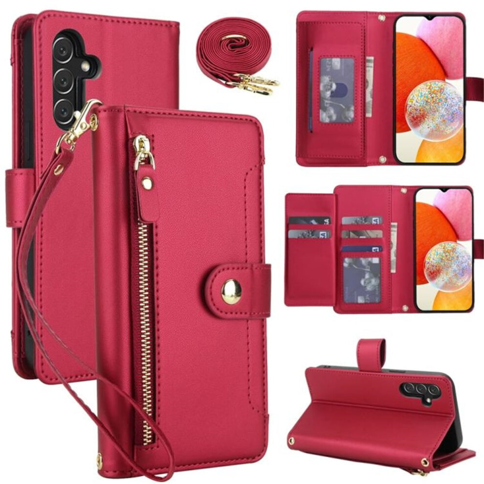 Rfid Blocking Wallet Case For Samsung Galaxy A14 5G/4G (6.6"), Shockproof, Multi-Card Slots, Zipper Pocket, Detachable Shoulder & Wrist Straps, Red 9353595700031