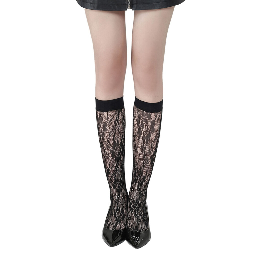 Knee High Stockings, Fishnet Stockings for Women, Sheer Stockings, Black Lace Hollow Mesh Socks, Long Socks for Women, Q One Size