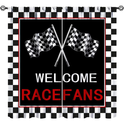 Race Car Blackout Curtains Black and White Checkered Flag