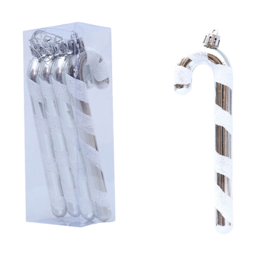 4 Pcs Glitter Twisted Candy Cane Ornaments with Bowknot & Strings for Christmas Tree – Silver
