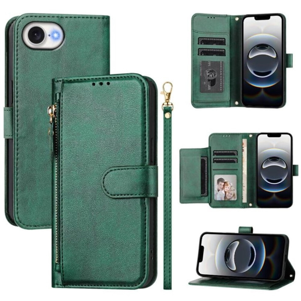 Leather Wallet Case For Iphone 16E (6.1") Â Multi-Card Slots & Zipper, Compatible With Iphone 16E Green 9353595698109