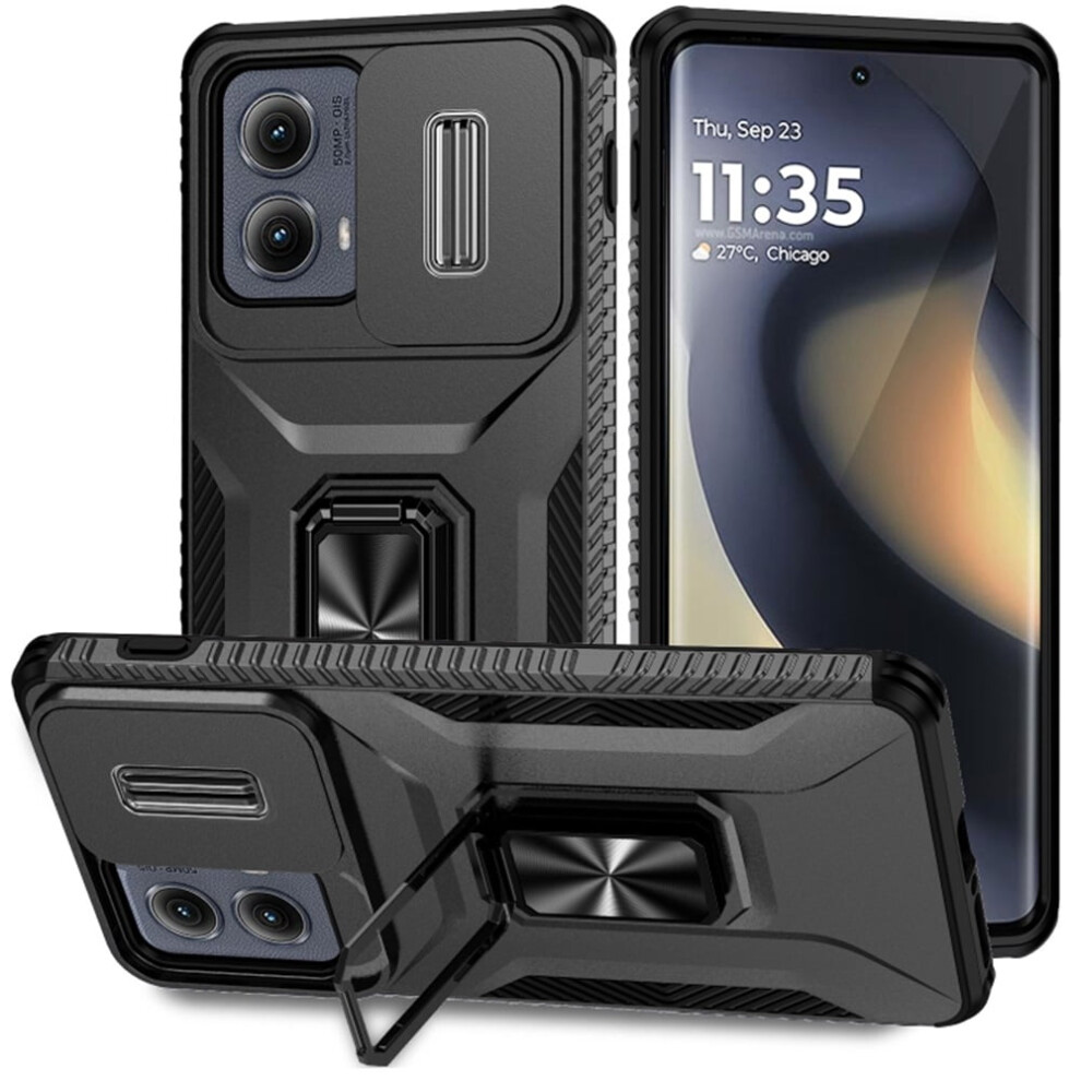 Slim Shockproof Hybrid Case For Motorola Edge 5G 2024, Slide Camera Cover & Rotated Ring Kickstand, Military-Grade, Black 9353595699311