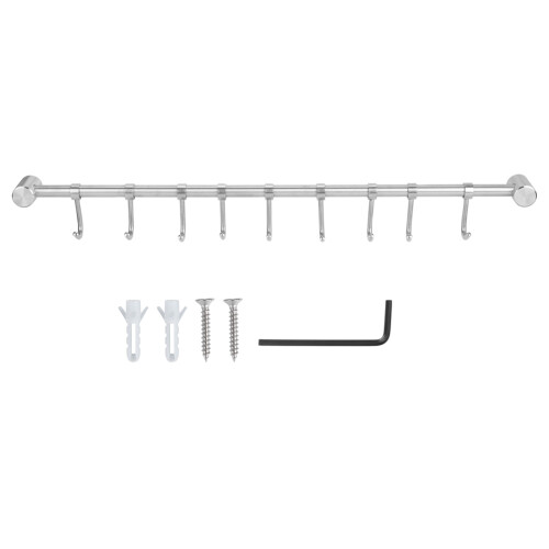 Space-Saving Wall Mounted Cookware Organizer, Movable Hook Design For Organizing Multiple Items, Stainless Steel Utensil Rail With Rust-Resistant