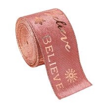 Weihnachtliches rosa Drahtband, Stoffband mit goldenem Glitzerdraht für Bastelarbeiten, Schleifen und Weihnachtsdekorationen, Geschenkverpackungen,