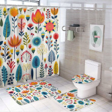 Juego de 4 piezas de cortina de ducha floral con alfombrilla de baño, alfombra en forma de U y tapete para la tapa del inodoro – Diseño vintage