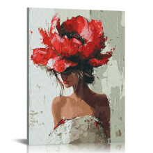 Affiche encadrée de femme à tête de fleur rouge